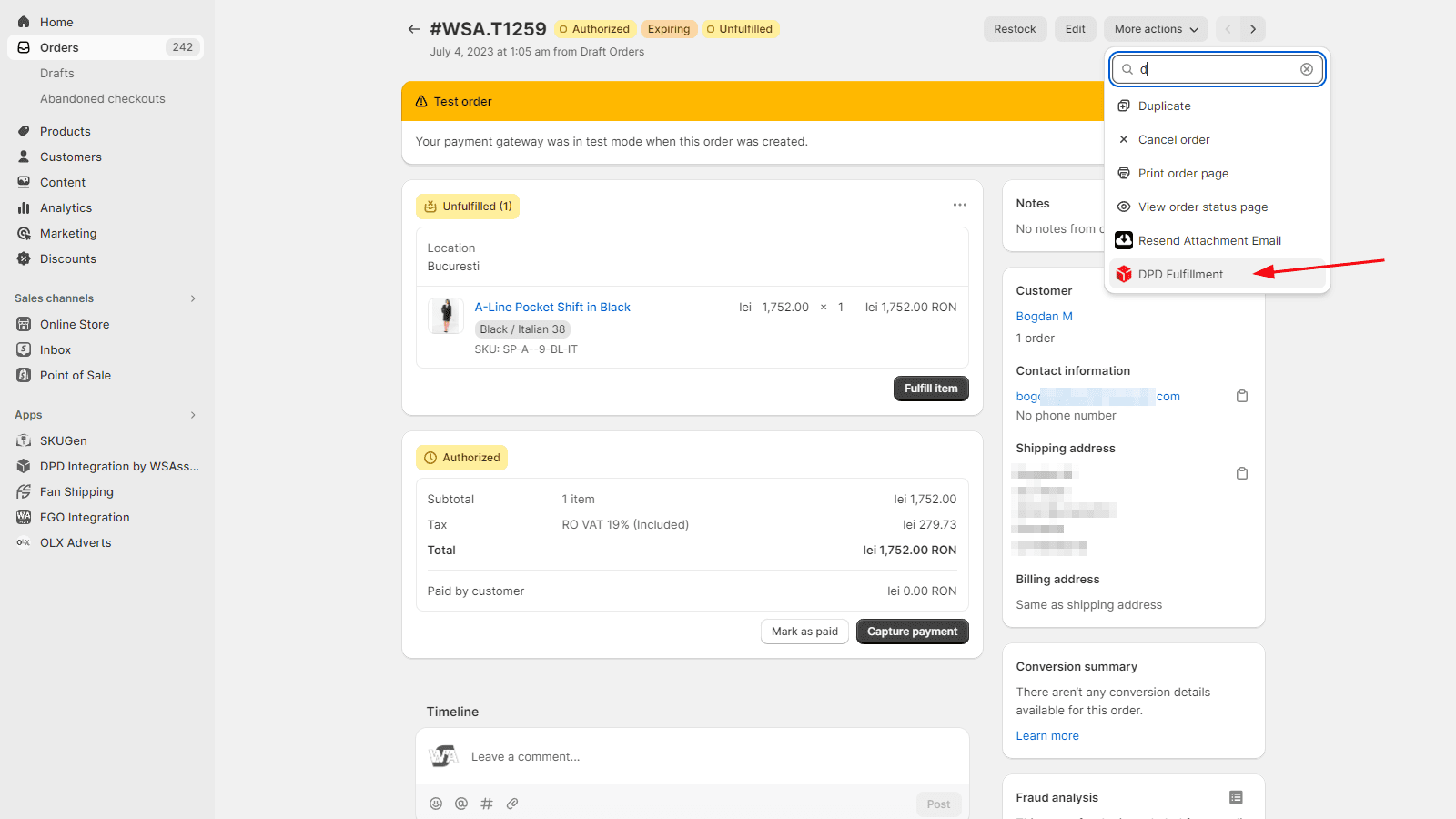 WSA DPD Integration screenshot 2